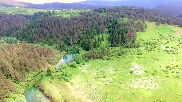 Aerial view of Jesenica river and surrounding in Croatian region Lika.