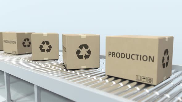 Boxes with PRODUCTION Text on Roller Conveyor