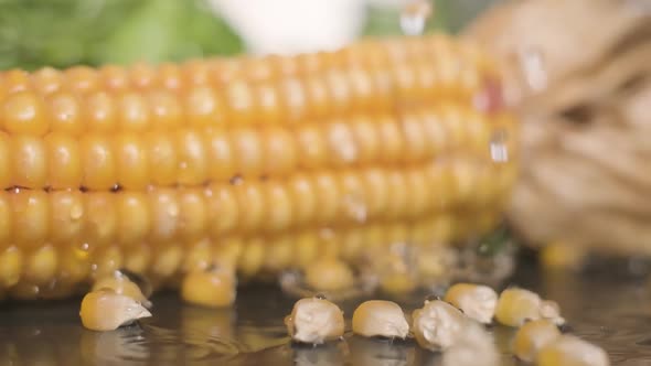 Drops Of Water Falling On Corn Ear With Corn Kernels On The Side. close up, slow motion