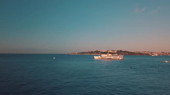 Aerial tracking of cruise ship in istanbul Bosphorus