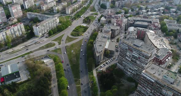 Aerial view of street traffic of the city center. Urban Landscape. 4K video. Varna, Bulgaria