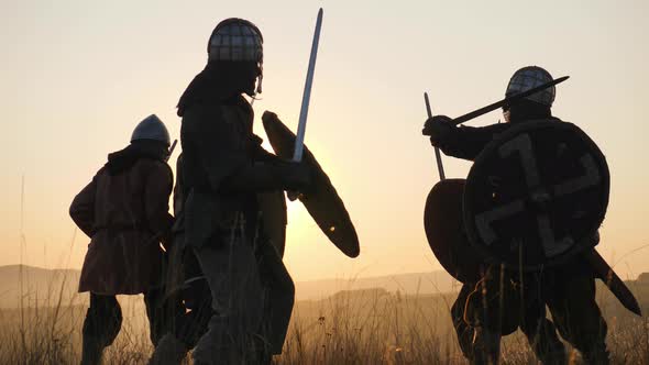 Silhouettes of Vikings Warriors Fighting with Swords, Shields