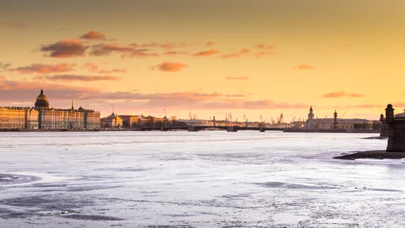 Russia SaintPetersburg Time Lapse of the Water Area of the Neva River at Sunset the Winter Palace