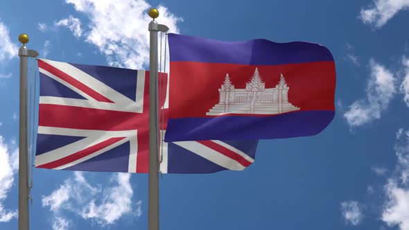 United Kingdom Flag Vs Cambodia Flag On Flagpole