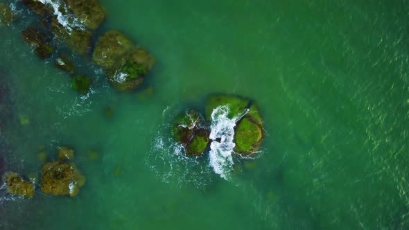 Aerial birdseye view of abandoned seaside fortification building ruins at Karosta Northern Forts on