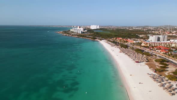 Aerial From Eagle Beach on Aruba in the Caribbean Bird Ey View at the Beach with Umbrella at Aruba