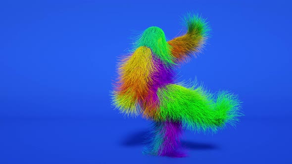 Funny Hairy Multicolored Monster Man Character Dancing 