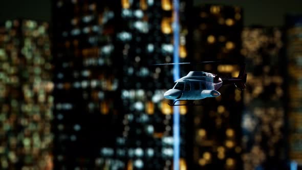 Slow Motion Helicopter Near Skyscrapers at Night