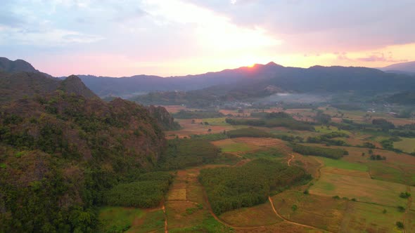 Aerial view from a drone over a misty landscape on the farmland