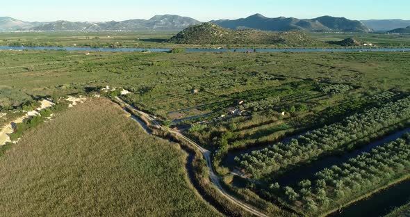 Panoramic aerial view of the Neretva delta valley river