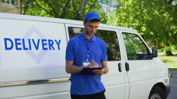 Courier Filling Delivery Blank, Checklist Report, Postal Service Transportation