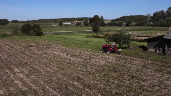 Farmer Digs Potatoes with a Small Tractor