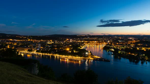 Koblenz Oldtown and Deutsches Eck At Night Time Lapse in 4K