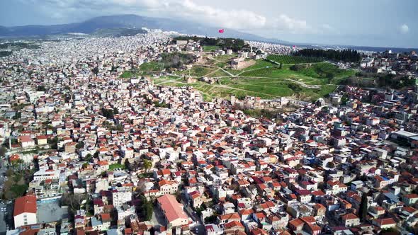 Drone view on poverty slum district and muslim mosque