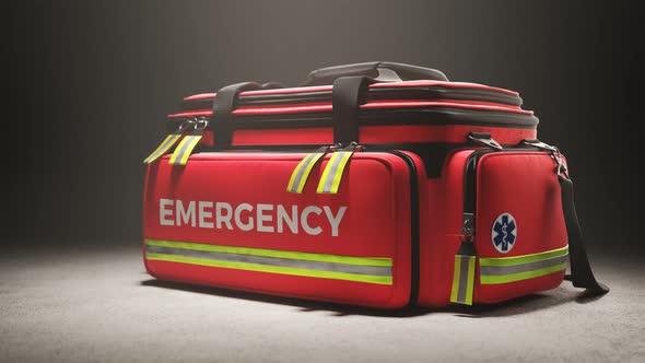 The red emergency first aid bag in the studio spotlight. Paramedic kit. 4KHD