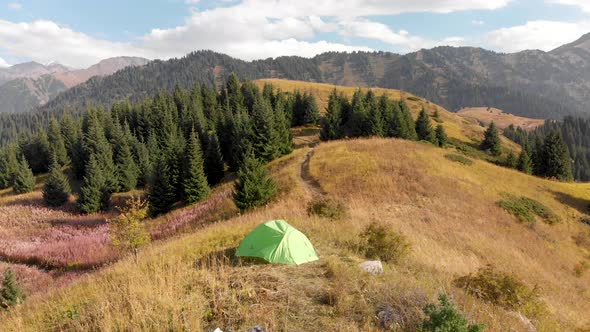 Green Camping Tent in the Mountain Forest