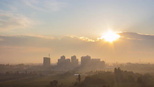 Sunset Over Urban City, Modern Downtown Skyline Buildings Silhouettes