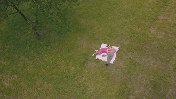 Family Weekend Picnic in Park. Aerial View. Senior Old Couple Lie on Blanket on Green Grass Meadow