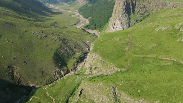 View of the Green Caucasus Mountains in Summer From the Sky