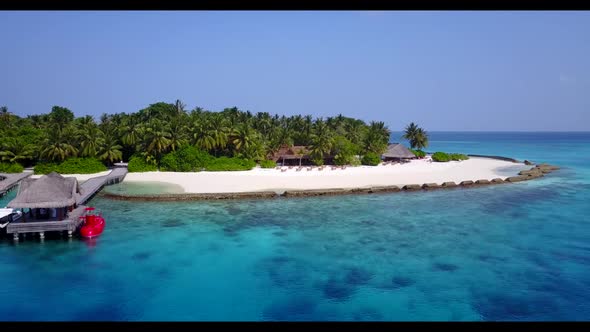 Aerial tourism of idyllic sea view beach vacation by blue ocean and bright sand background of a dayo