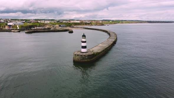 Drone Shot Circling Above Seaham Lighthouse and Pier in  Durham UK
