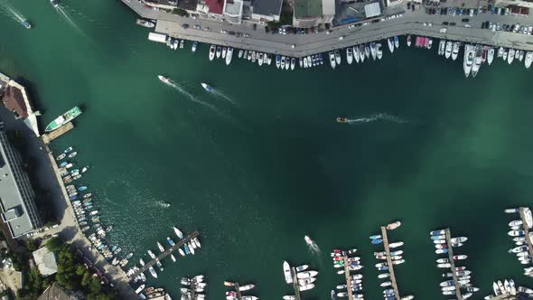 Aerial Panoramic View of Balaklava Landscape with Boats and Sea in Marina Bay