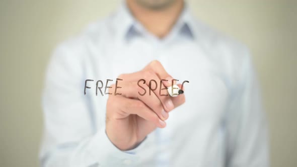 Free Speech, Businessman Writing on Transparent Screen