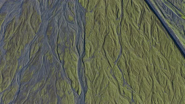 Drone Over Landscape With Dry Riverbed Of Braided River