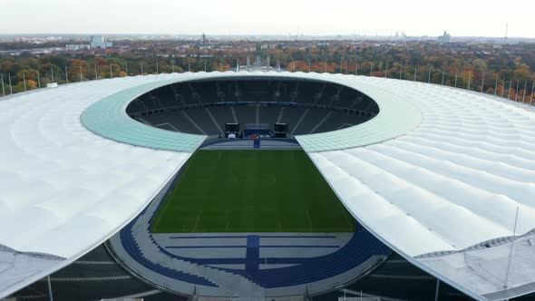 Beautiful Olympia Stadium in Berlin, Germany on Blue Sky Day, Aerial Wide Establishing Dolly Forward