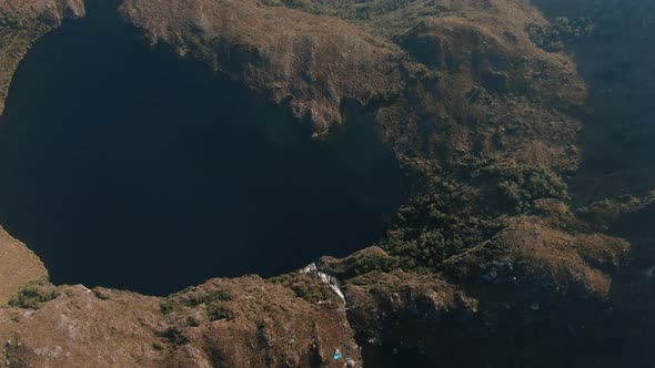 4k aerial drone footage over the 1st lagoon (lake) of Pichgacocha from Ambo, Huanuco, Peru in the An