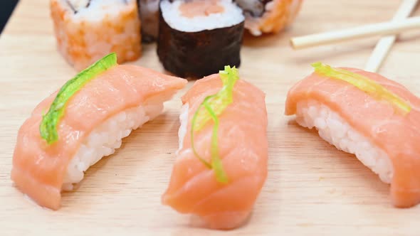 Close Up Of Various Types Of Japanese Fresh Prepared Sushi.