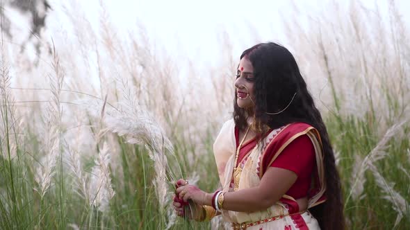 A happy and beautiful married Indian bengali woman wearing saree plays with the long white grass kaa