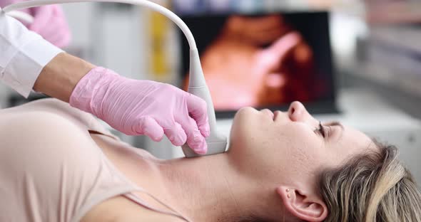 Young Caucasian Woman Undergoes Ultrasound of Thyroid Gland in Office of Female Doctor