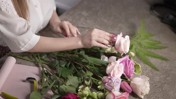 In the Frame Female Hands with a Good Manicure and Flowers for a Bouquet