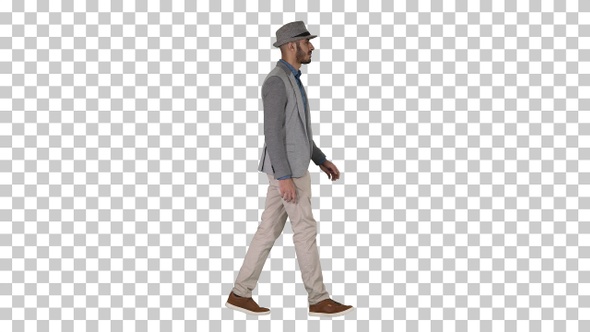 Casual Arabic Man in Hat Walking, Alpha Channel