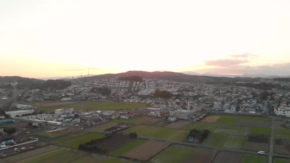 Aerial Drone rising shot over rice fields in semi-urban setting at sunset