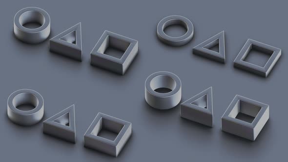 Abstract animation geometric figures. Isometric 3d illustration on gray background.