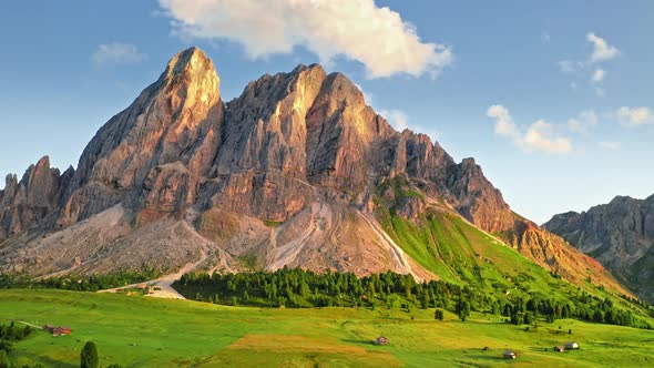 Passo delle Erbe in Dolomites at sunset, aerial view