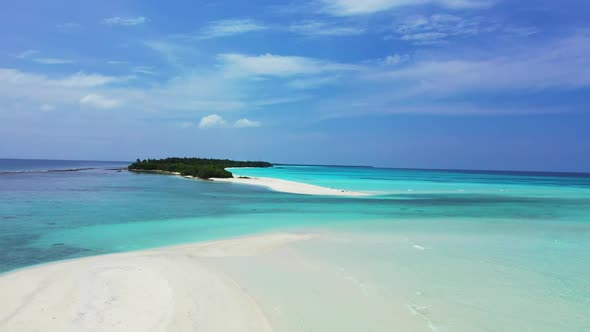 Aerial drone shot sky of beautiful tourist beach wildlife by blue ocean with clean sandy background 