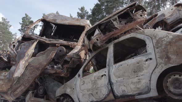 War in Ukraine a Dump of Shot and Burned Cars in Irpin Bucha District