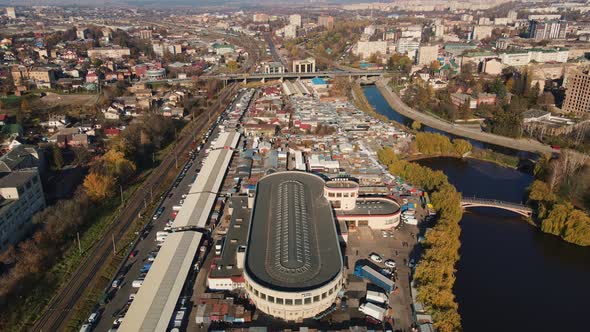 Autumn City Of Rivne Ukraine, Hydropark And Bazaar Wild. Aerial Shot