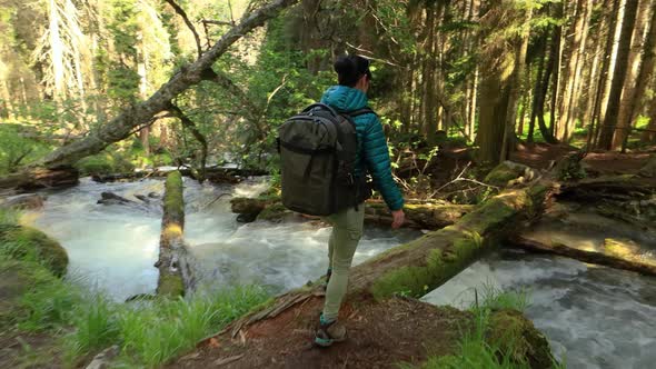 Hiking Woman Walk with a Hiking Backpack in Spring Green Forest