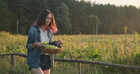 Young Beautiful Girl Walking with Basket of Grapes
