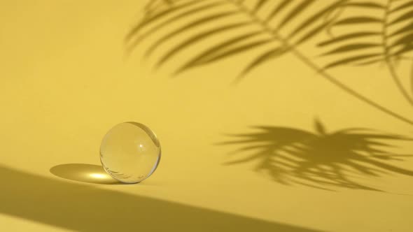 Astract Backdrop with Glass Spheres on Yellow Color Background with Sun Reflections and Palm Leaf