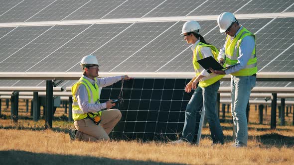 Three Solar Panel Technicians Examining a Solar Panel on a Solar Farm. Alternative, Green Energy