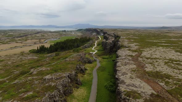 Flying over tectonic plates in Thingvellir National Park, Golden Circle, Iceland