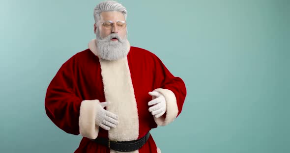 Trendy Joyful Contented Santa Claus Hipster Dancing Patting Himself on the Belly