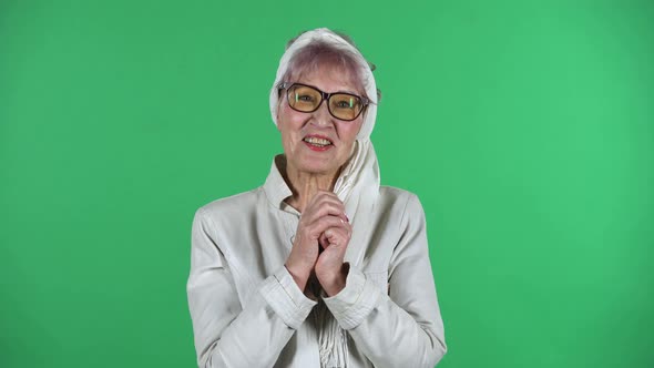 Portrait of Old Stylish Woman Is Communicates with Someone in a Friendly Manner Isolated Over Green