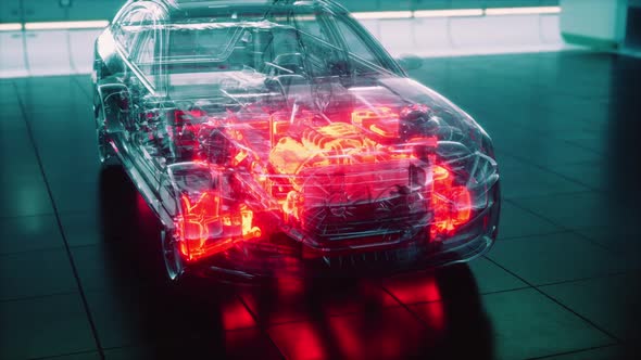 Transparent Car with Engine in Laboratory