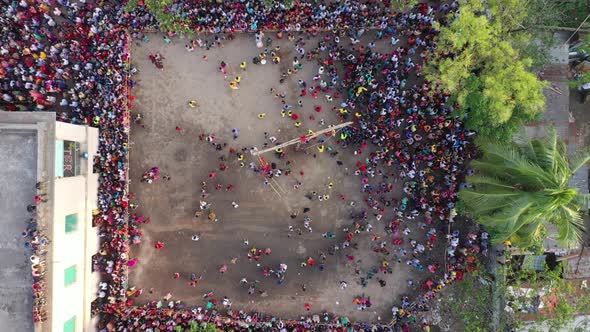 Aerial view of people celebrating Rash Mela, Sylhet province, Bangladesh.